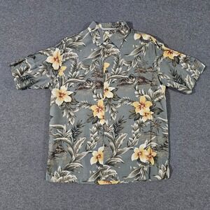 Island Republic Mens Medium Silk Tropical Hibiscus Floral Button Down Shirt Sage